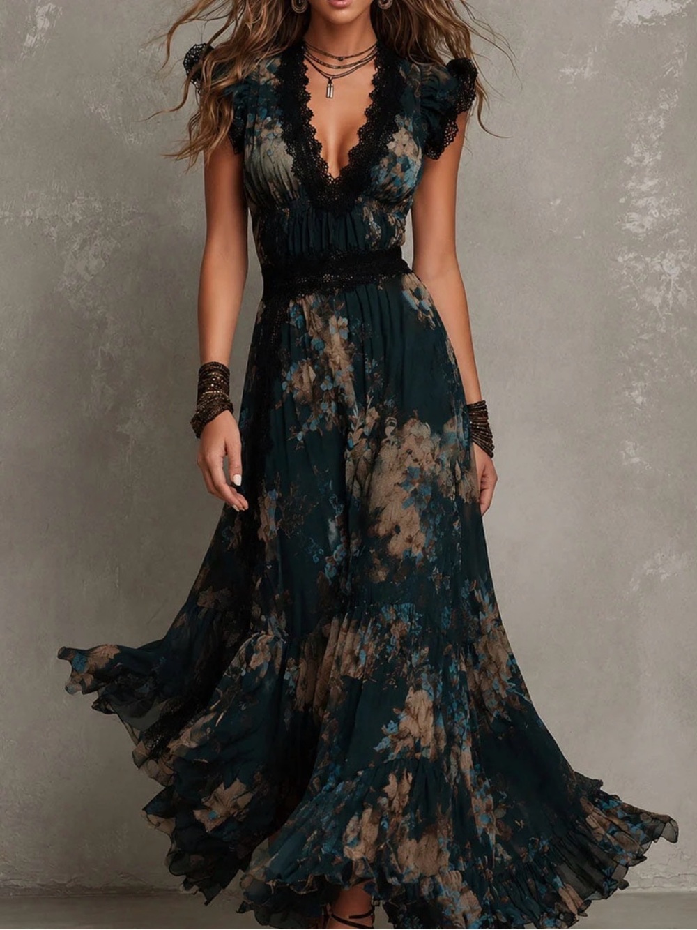 Lace-Trim Floral Maxi Dress in Deep Teal and Taupe